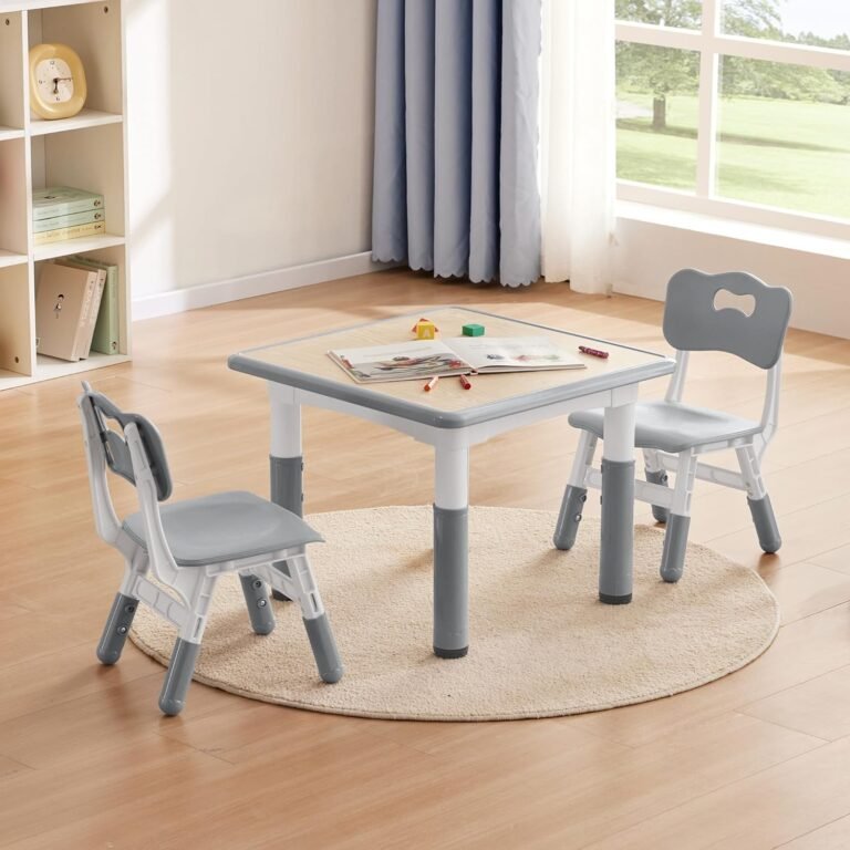 Kids Study Table and Chairs Set, Height Adjustable Toddler Table and Chair Set for Kids Ages 3-8, 23.6″ L x 23.6″ W Graffiti Desktop Plastic Children Art Table with 2 Seats, W-Grey