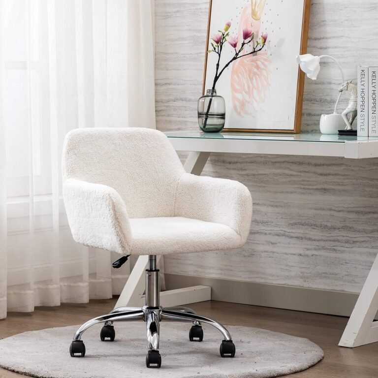 HomVent Faux Fur Vanity Chairs with Wheels White Furry Makup Desk Chair for Kids,Women,Grils,Cute Home Office Computer Chair,Swivel Task Arm Chairs for Bedrooms,Living Room,Study,Dressing