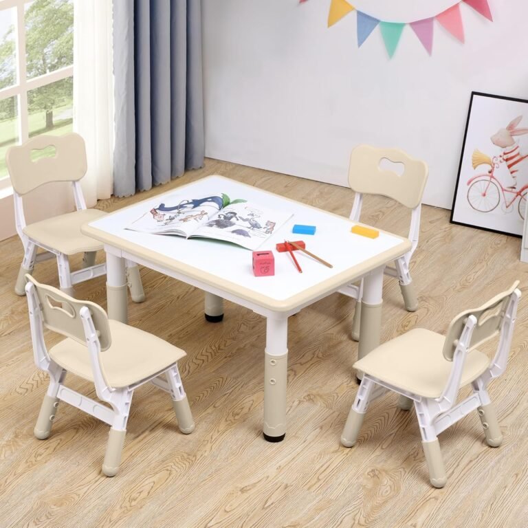 Kids Table and Chairs Set, Height-Adjustable Toddler Table and Chairs Set for Age 3-8, 31.5”Lx23.6”W Graffiti Desktop, Kids Activity Table for Daycare, Classroom, Home (Natural, 4 Chairs)