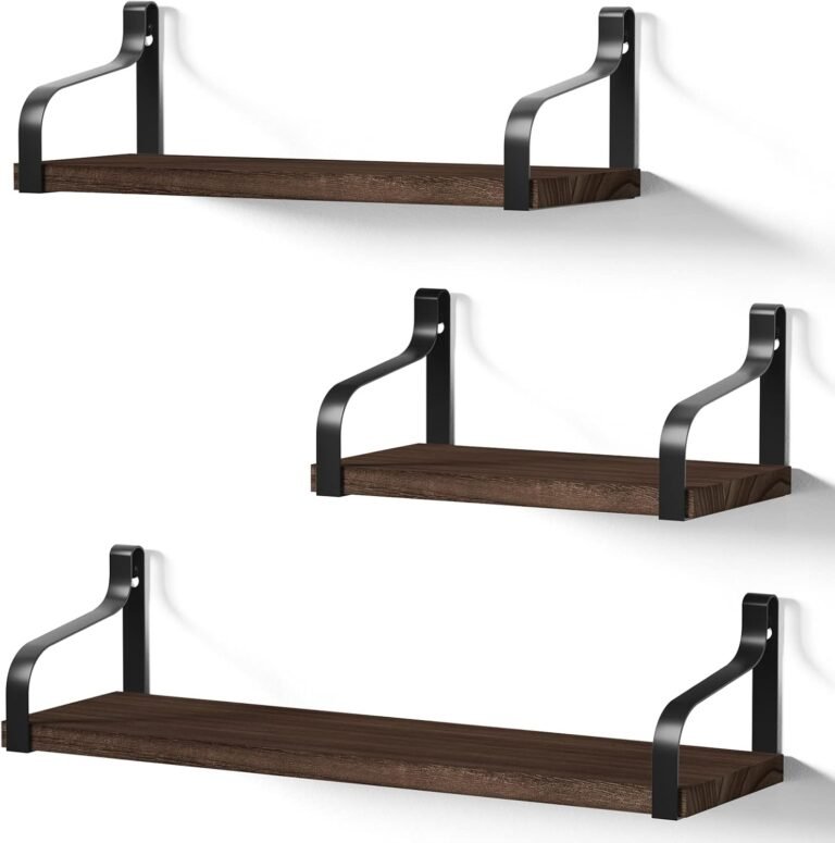 Love-KANKEI Floating Wall Storage Shelves Mounted Set of 3, Solid Wood for Study Room, Living Room, Bathroom, Kitchen, Office and More Dark Walnut