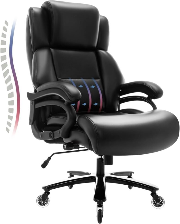 400lbs Big and Tall Office Chair- Adjustable Lumbar Support Heavy Duty Metal Base Quiet Rubber Wheels High Back Large Executive Computer Chair, Extra Wide Ergonomic Desk Chair