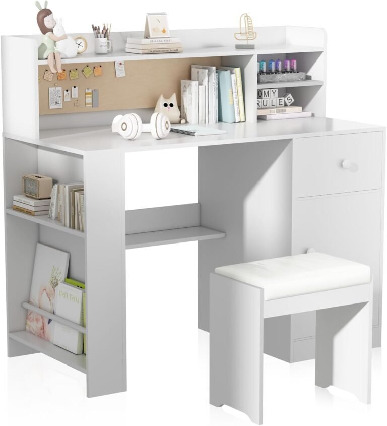JMMD Kids Study Desk and Chair, Big Kids Desk and Chair Sets with Hutch and Storage Cabinet, Wooden Children Study Table for Kids 6-12, Student Writing Desk with Drawers for Bedroom, Homeschool