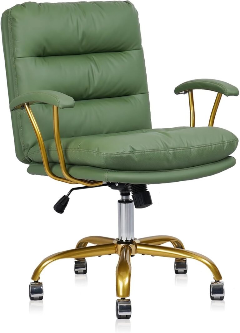 Green and Gold Desk Chair Leather Home Office Chair with Padded Seat and Arms, Swivel Adjustable Height Computer Chair with Wheels for Living Room Girls Women Study Vanity