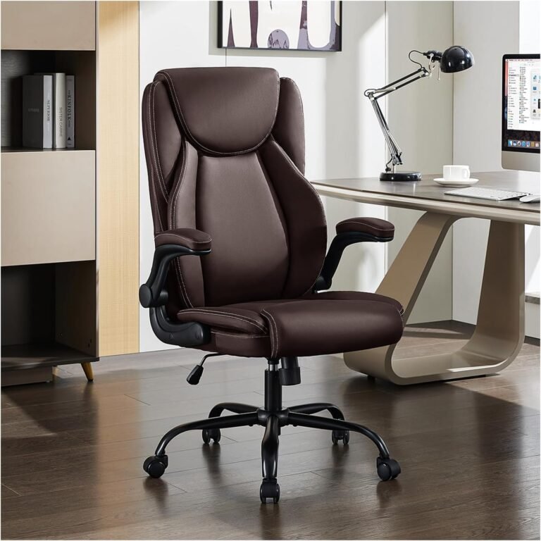 400lbs Big and Tall Office Chair, Ergonomic Home Computer Desk Leather Chair with Padded Flip-up Arms, Adjustable Tilt Lock, Double Lumbar Support, Swivel Chair for Adult Working&Study(Brown)