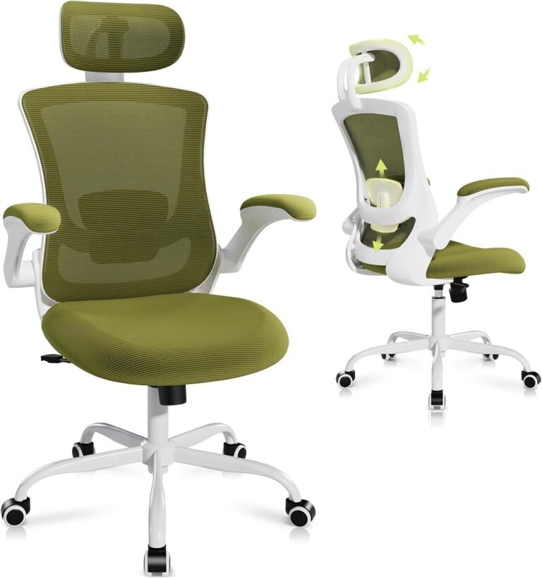 Ergonomic Office Chair with Adjustable Lumbar Support & Headrest, High Back Mesh Desk Chair with Flip-Up Armrests, Breathable & Comfortable Computer Chair for Home, Office & Study –Green