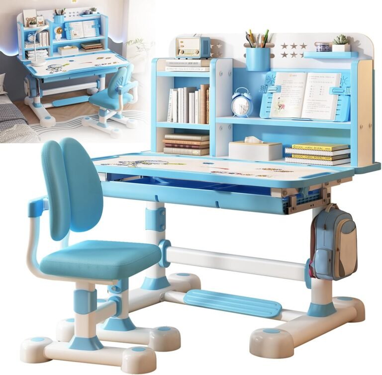 Small Desk, Kids Study Desk Chair Set, Height Adjustable Children School Study Table Chair Set with Sitting Corrector, Ergonomic Desk Chair with Book Stand, Foot Pedal, Partition Design (Blue1)