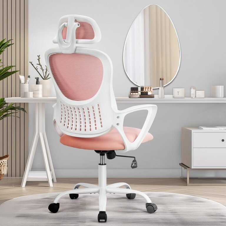 SMUG Home Office Desk Chair, Ergonomic Computer High-Back Mesh Rolling Work Task Chairs with Wheels and Adjustable Headrests, Comfy Lumbar Support, Armrest for Bedroom