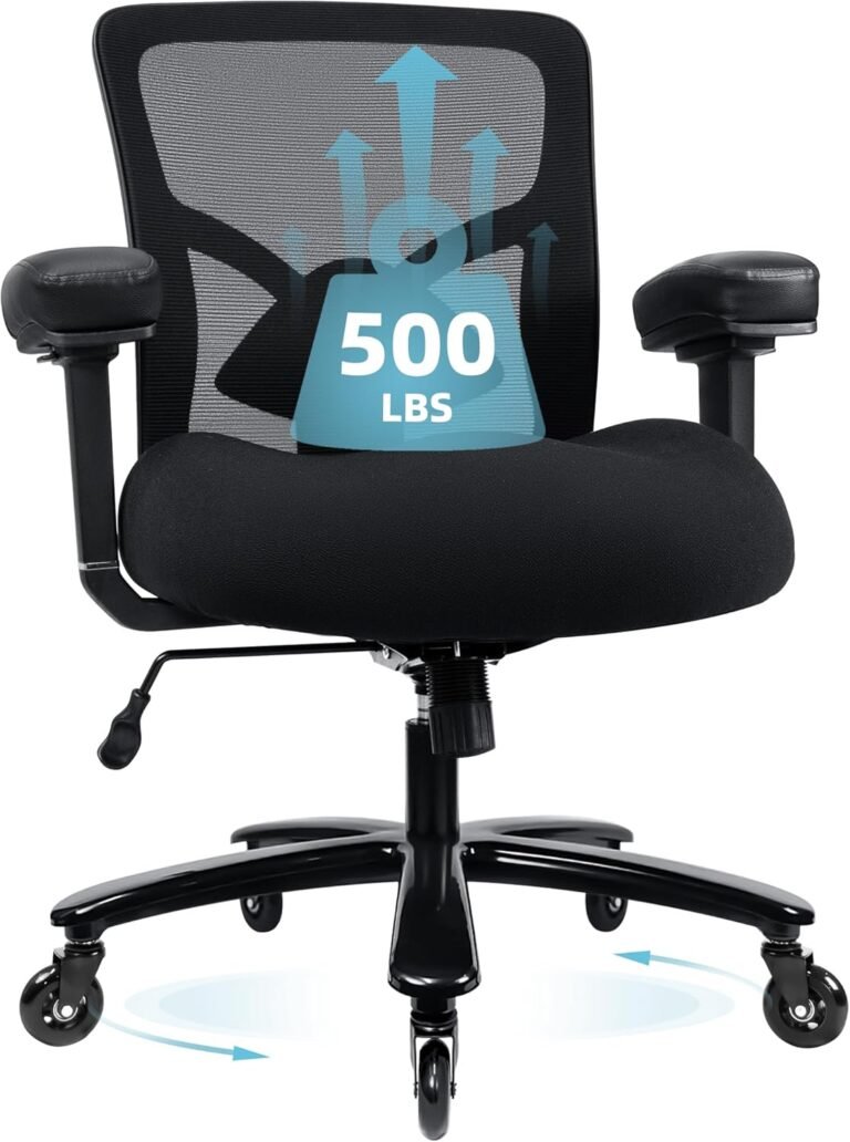Big and Tall Office Chair 500lbs – Ergonomic Mesh Desk Chair, Heavy Duty Computer Chair-Wide Thick Seat Cushion, Adjustable Lumbar Support, Metal Base, Rubber Wheels, 4D Armrests, Black