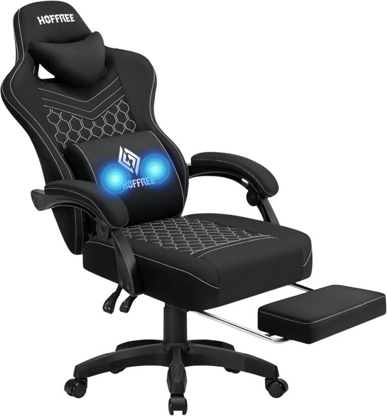 HOFFREE Gaming Chair Computer Chair Fabric with Pocket Spring Cushion Massage Game Chair with Footrest Ergonomic Gamer Chair with Lumbar Support Reclining Gaming Chairs for Adults Black