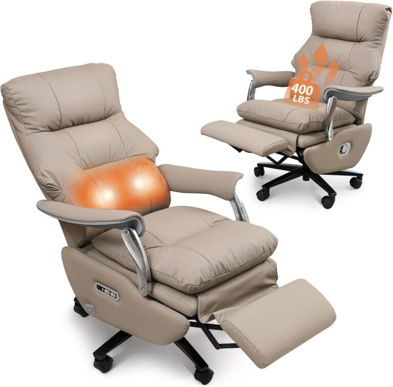 Executive Office Chair with Footrest,Sustainable Leather Electric Ergonomic Reclining Home Office Desk Chairs with Massage,Big and Tall Comfy Computer Chair with Wheels High Back 400LB,Khaki