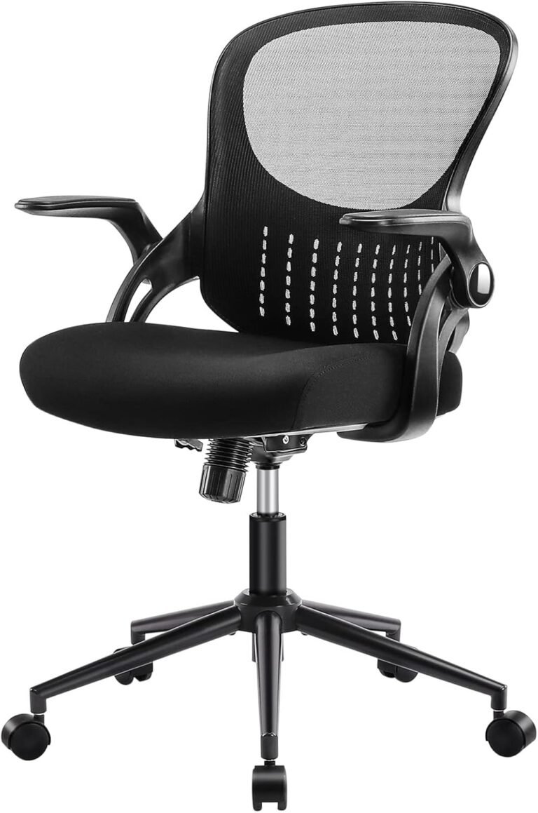 SMUG Office Computer Gaming Desk Chair, Ergonomic Mid-Back Mesh Rolling Work Swivel Chairs with Flip-up Arms, Comfortable Lumbar Support, Comfy Arms for Home, Bedroom, Study, Student, Adults, Black