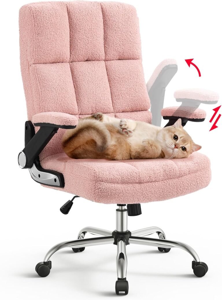 SEATZONE Pink Computer Desk Faux Fur Home Office Chair with Swivel Comfy Adjustable Tilt and Flip-up Armrest Comfy Thick Padding Ergonomic
