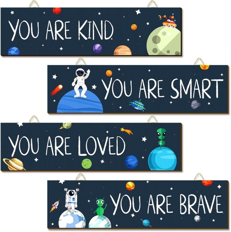 Chunful 4 Pcs Wooden Space Decor Inspirational Room Space Posters Spaceman Wood Inspirational Wall Decor for Room Bedroom