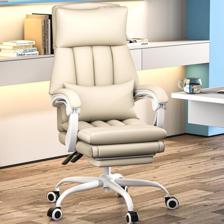 Office Chair, Ergonomic Executive PU Leather Desk Chair with Footrest & Lumbar Support, High Back Computer Task Swivel Chairs with Tilt Lock, 350LBS (Beige)
