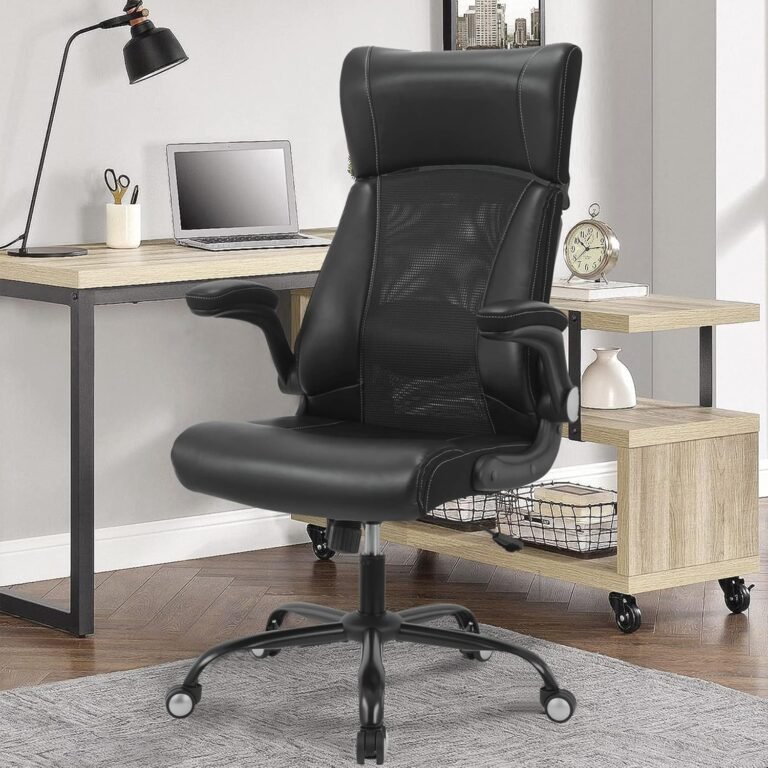Ergonomic Office Chair, Home Desk Mesh Chair, High Back Leather Computer Chair, Executive Chair with Flip-Up Arm & Lumbar Support, Height Adjustable Rolling Swivel Chair (Black)