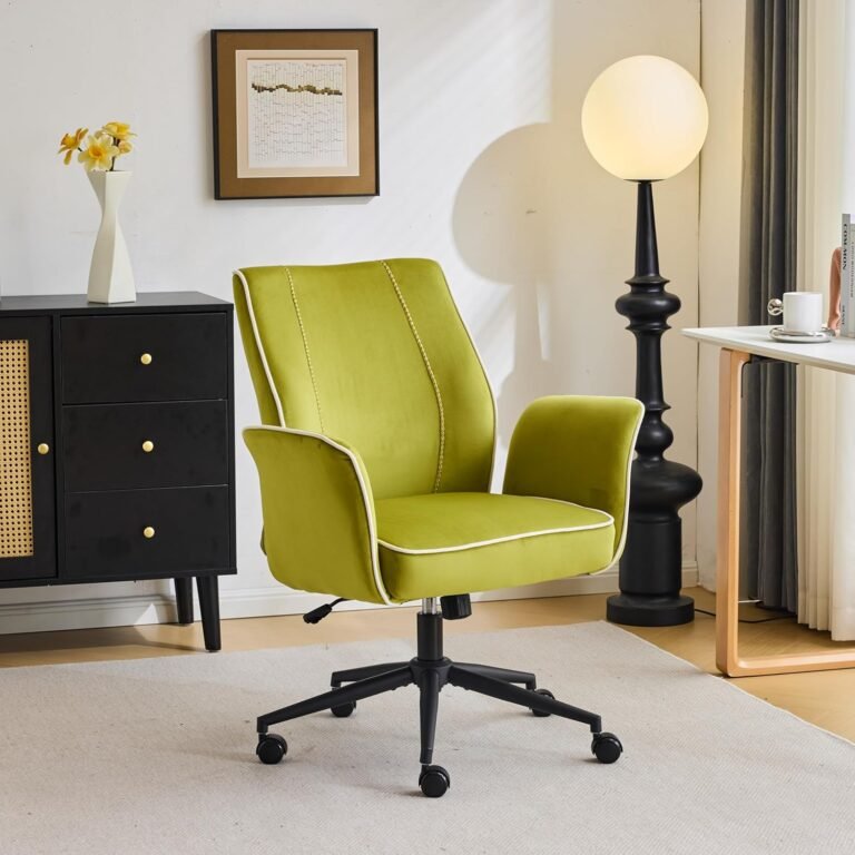 VINGLI Comfy Home Office Desk Chair with Padded Armrests,Elegant Vanity Chair with Back, Adjustable Swivel Rolling Computer Task Chair with Wheels for Study,Makeup,Velvet,Olive Green