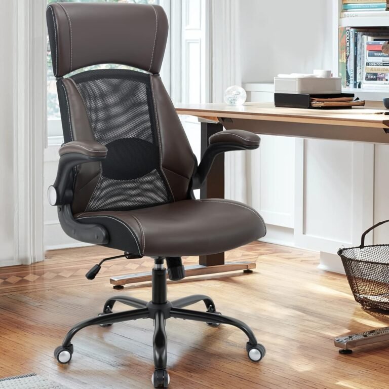 Clearance Executive Office Chair, Ergonomic Leather Desk Chair – Widened Adjustable Headrest with Flip-Up Arms, High Back Computer Swivel Task Chair with Lumbar Support, Brown