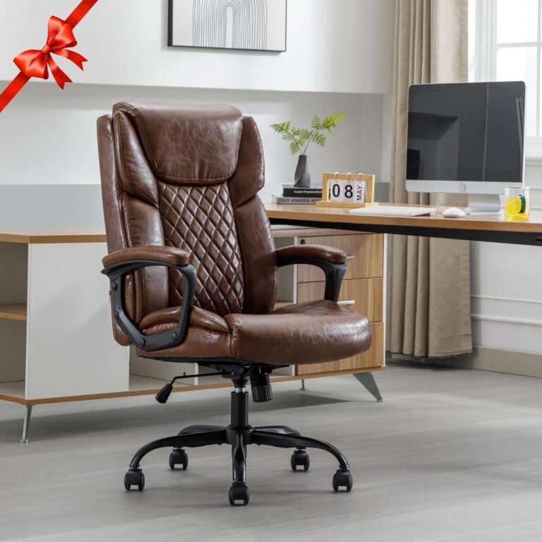 DYHOME Leather Office Chair, PU Home Computer Desk Chairs with Ergonomic Back Support, 360°Swivel Free, High Back Large Executive Computer Desk, Thick Padded Design for Back Pain (Brown)