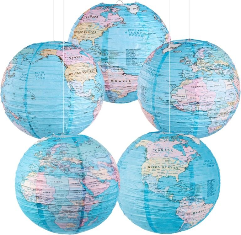 Easy Joy 5 PCS 12” Globe Decor Travel Decor World Map for Classroom Hanging Paper Lantern History Social Studies Classroom Decorations Earth Day Decorations Travel Party Decorations