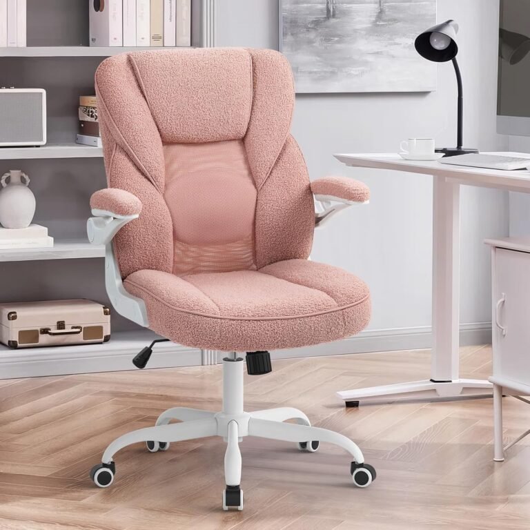 SEATZONE Home Office Desk Chairs Pink Office Chair Ergonomic Desk Chair with Wheels and Flip-up Armrests, Comfy Office Chairs for Women with Mesh Back Support, Teddy Teddy Fleece-Pink