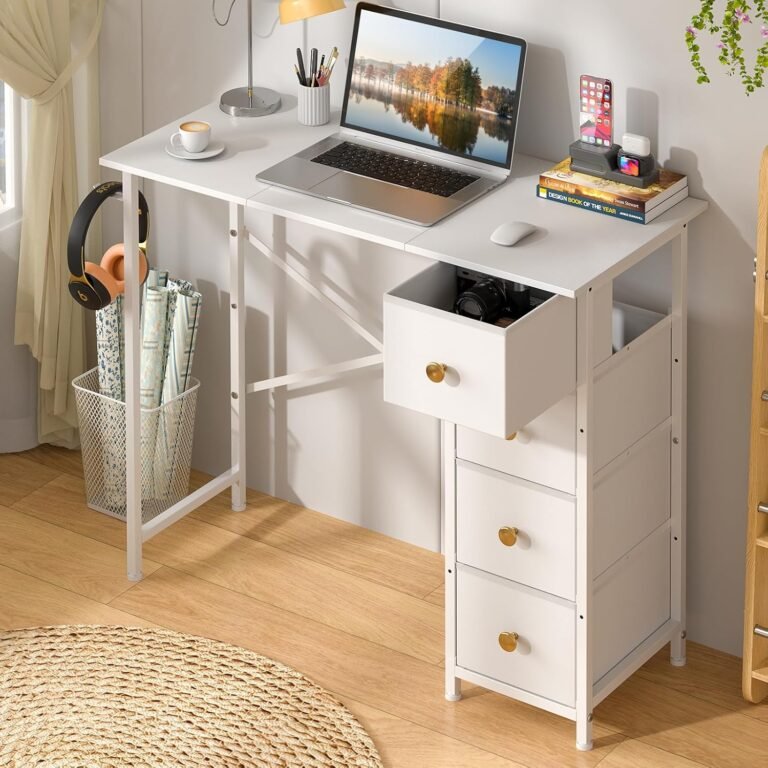 Computer Desk with 4 Fabric Drawers, 35.4 Inch Small Home Office Writing Desk, Simple Table PC Desk for Small Places, Kids Girls Teen Study Writing Desk for Bedroom Dorm, White