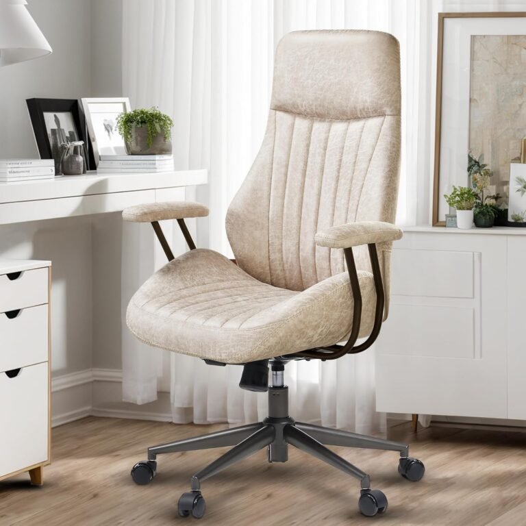 High Back Home Office Chair, Mid Century Vintage Executive Office Chair,Comfy Ergonomic Rolling Office Task Chair with Lumbar Support, Faux Leather Office Chair,Beige