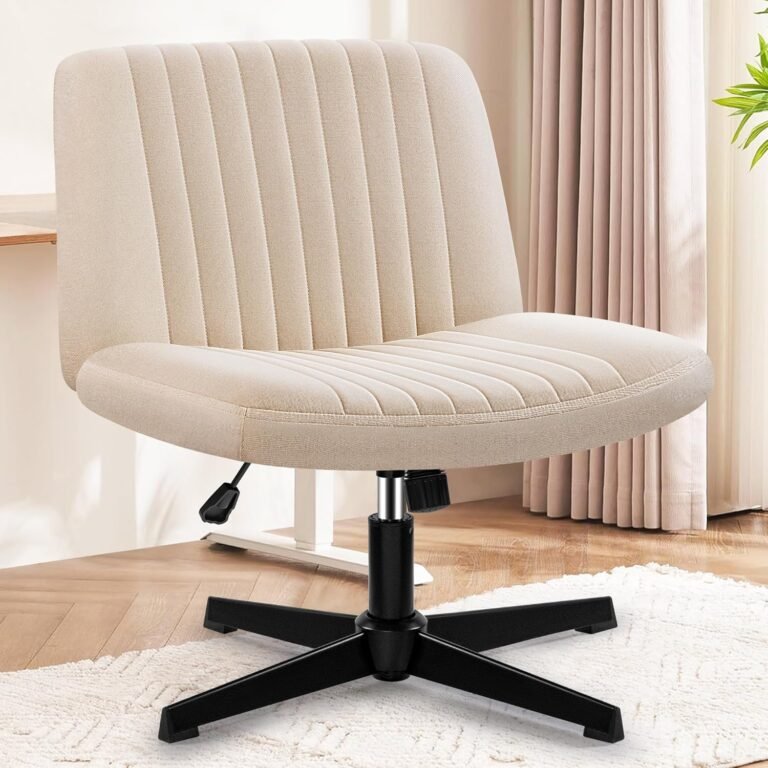 Criss Cross Office Desk Chair, Comfy Cross Legged Modern Makeup Vanity Chair No Wheels, Height Adjustable Cute Swivel Armless Fabric Mid Back Wide Seat Computer Task Chair for Home Office