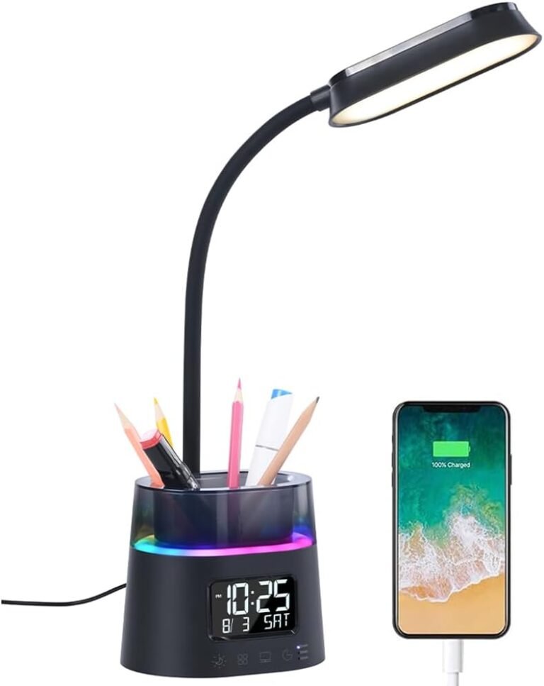 WILIT LED Kids Desk Lamp, Dimmable Study Lamp for Home Office Desk Accessories, with Pen Holder & Clock, USB Charging, RGB Night Light, Bedroom & College Dorm Room Essentials for Girls – Black
