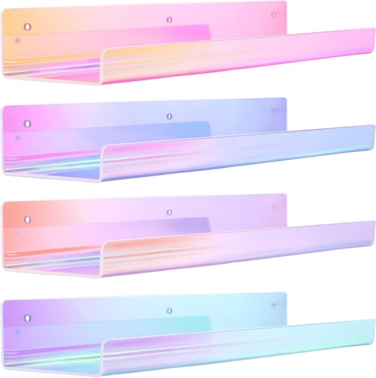 upsimples 4 Pack Acrylic Shelves for Wall Storage, 15″ Floating Bookshelves for Kids, Nail Polish Holder, Perfume Display Shelf Organizer for Bathroom, Bedroom, Living Room, Iridescent