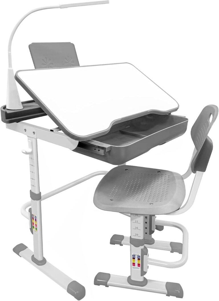 Yinleader Kids Desk and Chair Set,Height Adjustable,Spacious Storage Drawer,with Adjustable Tilted Desktop, Bookstand, Touch Led Lamp for School Student (Gray Set)