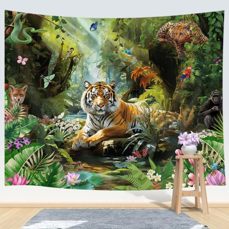 Tiger Tapestry, Jungle Tapestry Wall Hanging, Forest Animal in Tropical Rainforest Landscape Wall Tapestry Art for Room Dorm Decor Living Room Bedroom Bedspread TV Backdrop College (90Wx70L)