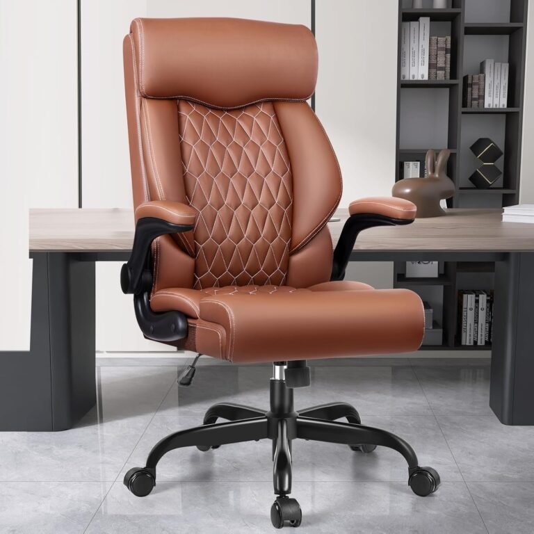 High Back Executive Office Chair – Ergonomic Computer Desk With Rocking Function, Leather Managerial With Adjustable Flip-Up Armrests and Lumbar Support