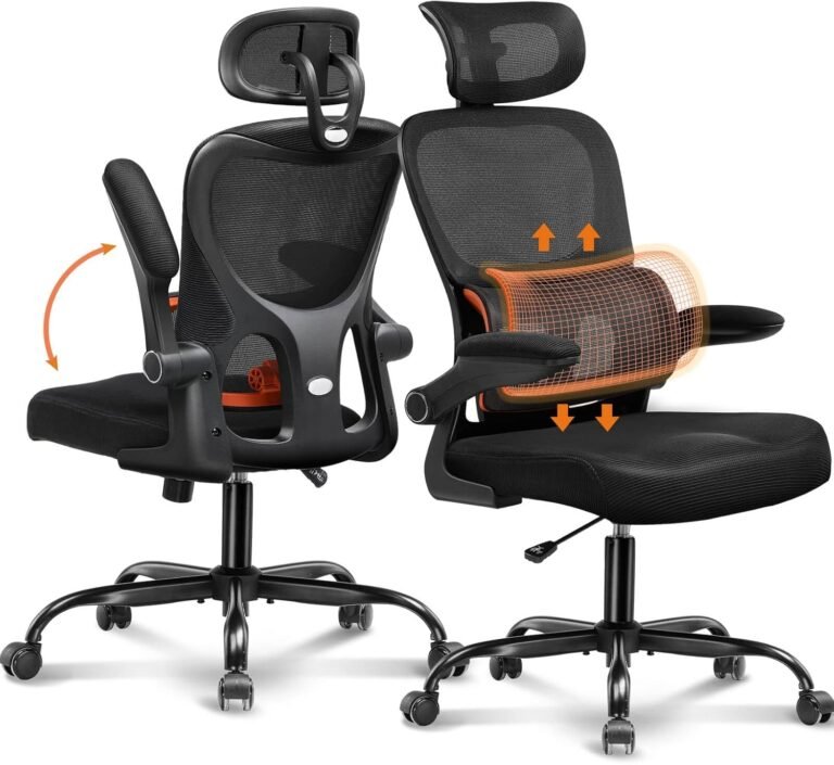 COMHOMA Ergonomic Office Desk Chair with 3D Adjustable Lumbar Support & Headrest, High Back Executive Computer Chair Comfy for Back Pain Relief, Flip-up Armrests (Black)
