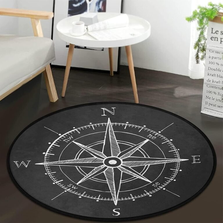 keepcute Vintage Wind Rose Compass Black Round Area Rug for Bedroom Living Room Study Playing,Non-Slip Round Floor Mat Carpet,5 ft
