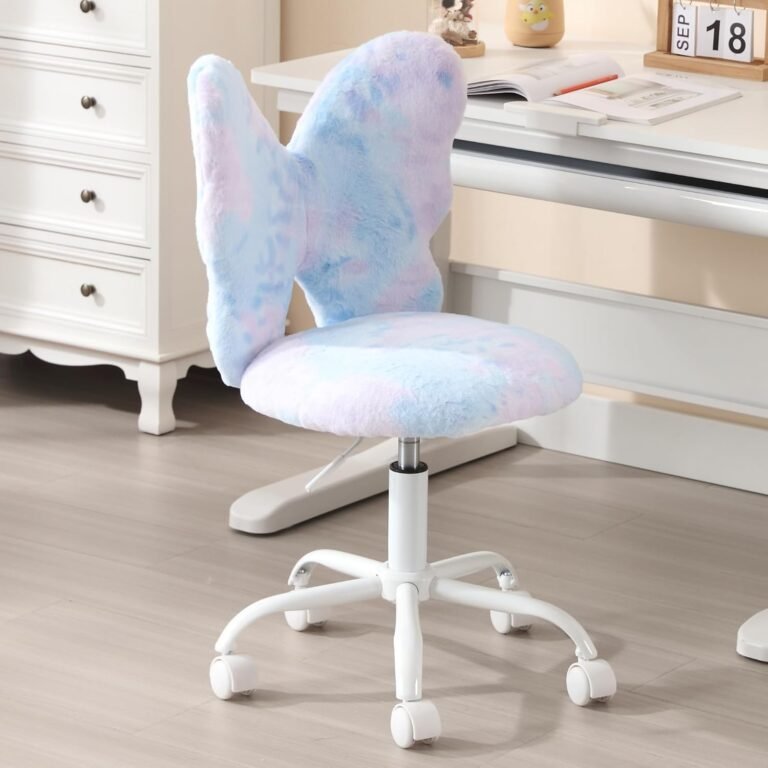 Kmax Adjustable Kids Butterfly Chair – Plush Faux Fur Swivel Office Desk Chair with Wheels, Ergonomic Children’s Study Seat for Bedroom, Reading Room, Playroom – Dreamy Blue Design