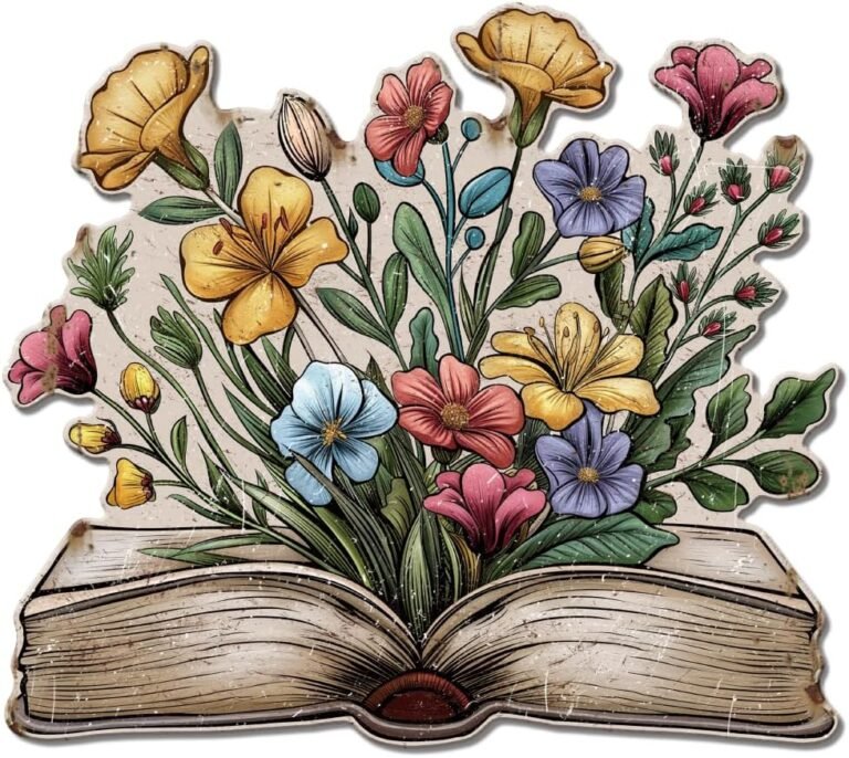 GLOBLELAND Book Flower Vintage Metal Tin Sign 10.63×9.5inch Retro Book Reading Plaque Poster Metal Wall Decorative Tin Signs for Home Study Room Book Room Office Garden Decoration