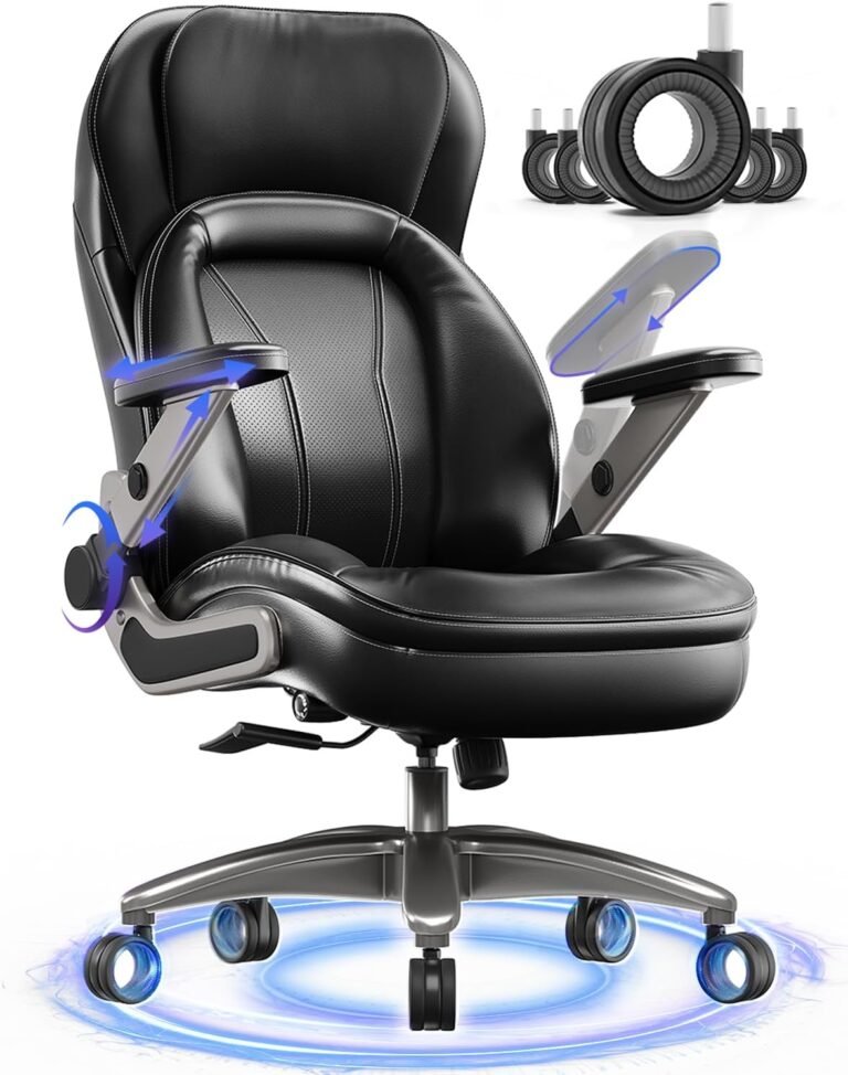 Executive Office Chair with 5D Flip Arms, 600lbs Big and Tall Office Chair with Adjustable Lumbar Support, PU Leather Heavy Duty Managerial Chairs with 3” Silent Casters