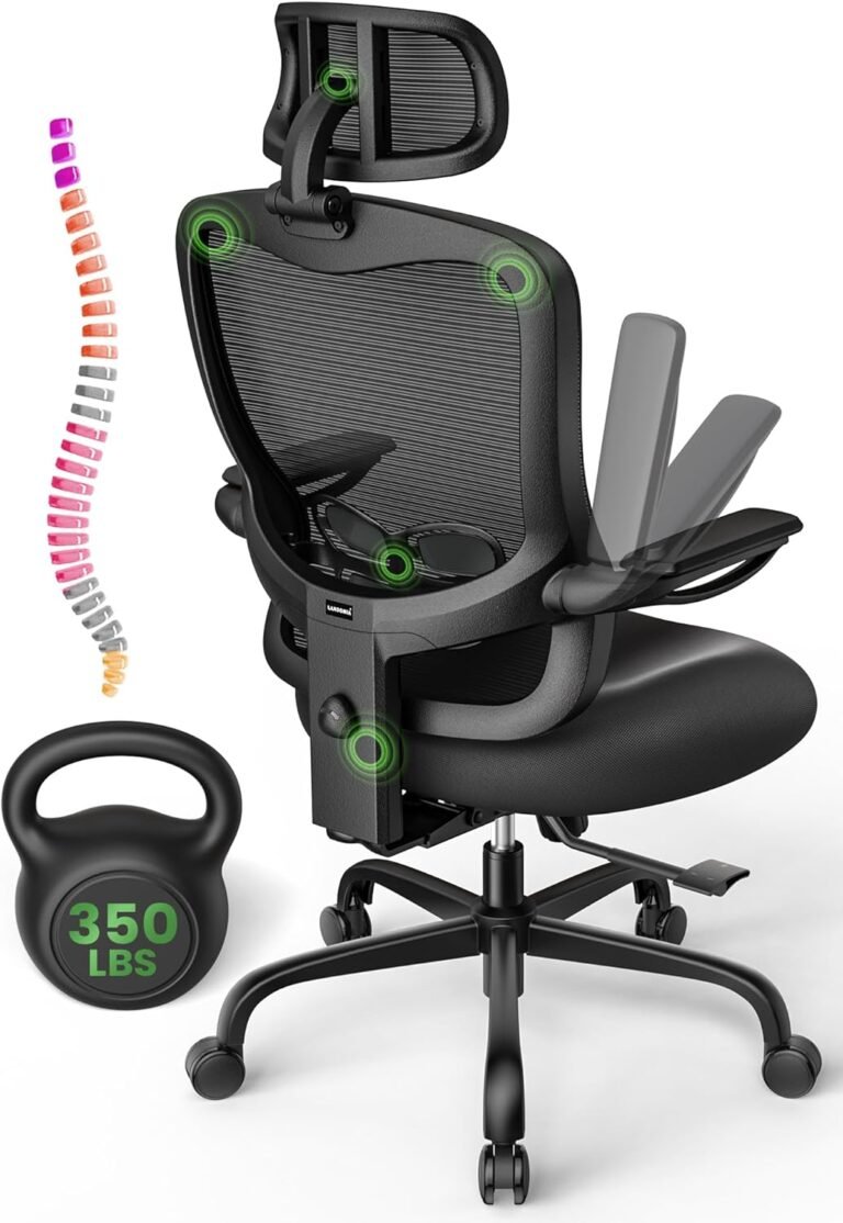 Ergonomic Office Chair Big and Tall – 350LBS Capacity, 6’5″ Tall Max, Computer Desk Chairs Over 10 Hours Comfortable, with Adjustable Mesh High Back, Lumbar Support, 3D Headrest, Flip-up Arms