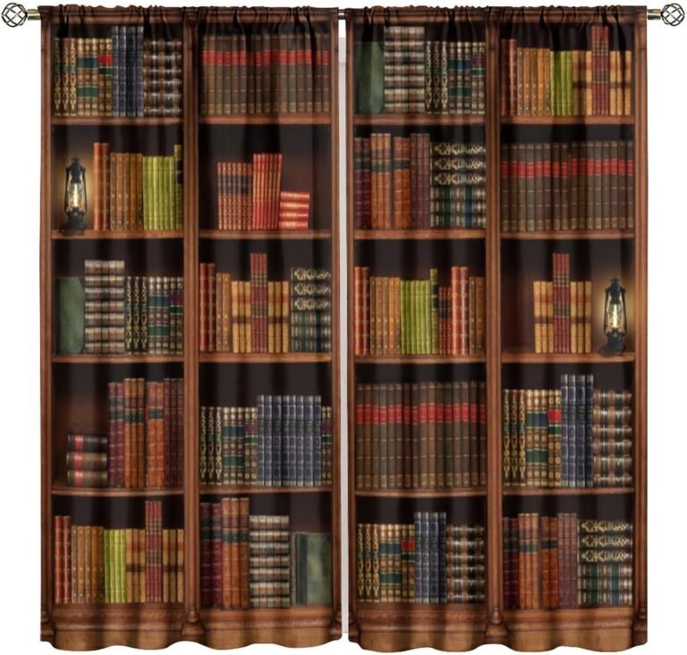 Vintage Library Curtains Bookshelves Mid-Century Retro Books Wall Study Room Decoration Rod Pocket Decor Window Treatment for Living Room Study Room Bedroom Home Decor Window Drapes 42″W X 45″L