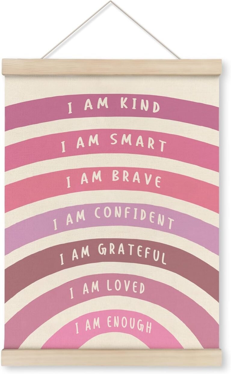HRQKO Pink I Am Kind Smart Poster Hanger Frame, Boho Rainbow Classroom Wall Art with Wooden Frames, Positive Affirmation Hanging Wall Decor for Nursery Girls Room, Mental Health Decor,12×16 inch