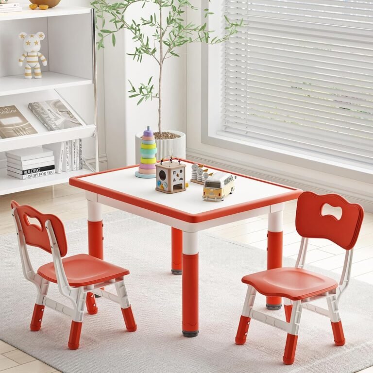 Toddler Table and 2 Chairs, Kids Table and Chair Set Height Adjustable, 31.5”L x 23.6”W Multifunctional Graffiti Desktop for Reading, Drawing, Eating, for Girls & Boys Age 2-10, Red