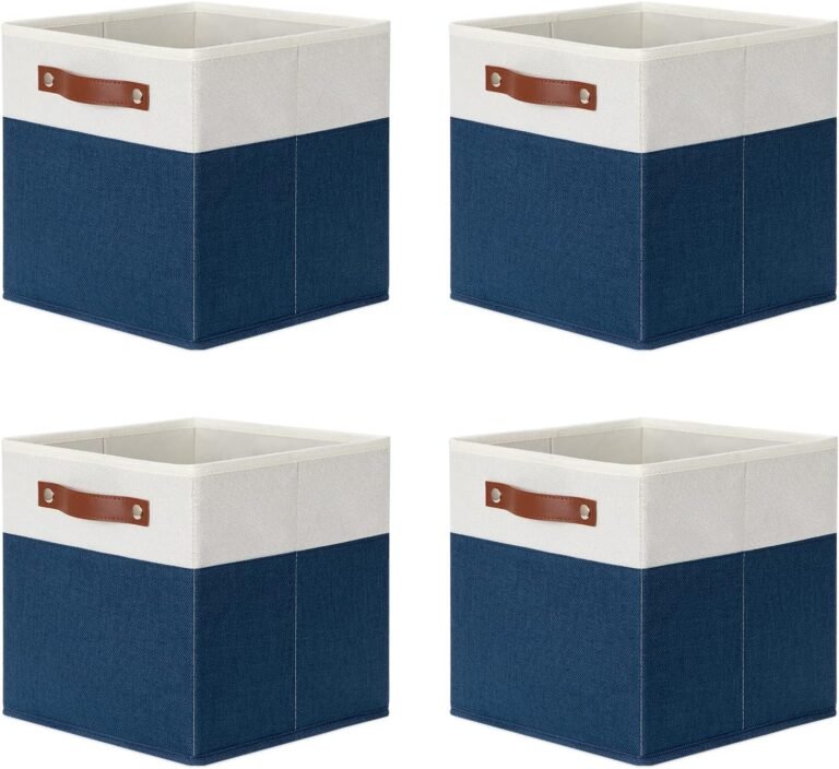 DULLEMELO Fabric Bins for Cube 11×11, Gift Baskets Empty for Boy Girl Mother Father Christmas Festival,Fabric Storage Bins Cube Organizer Baskets With Leather Handles(White&Blue)