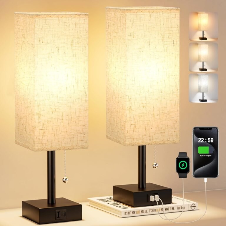 Bedside Lamps for Bedroom Set of 2 – Small Rectangular Nightstand Lamp with USB A C Charging Port, 3 Color Temperatures Desk Light with Bulb, Tabletop Reading Lamp for Living Room/Dorm/Office