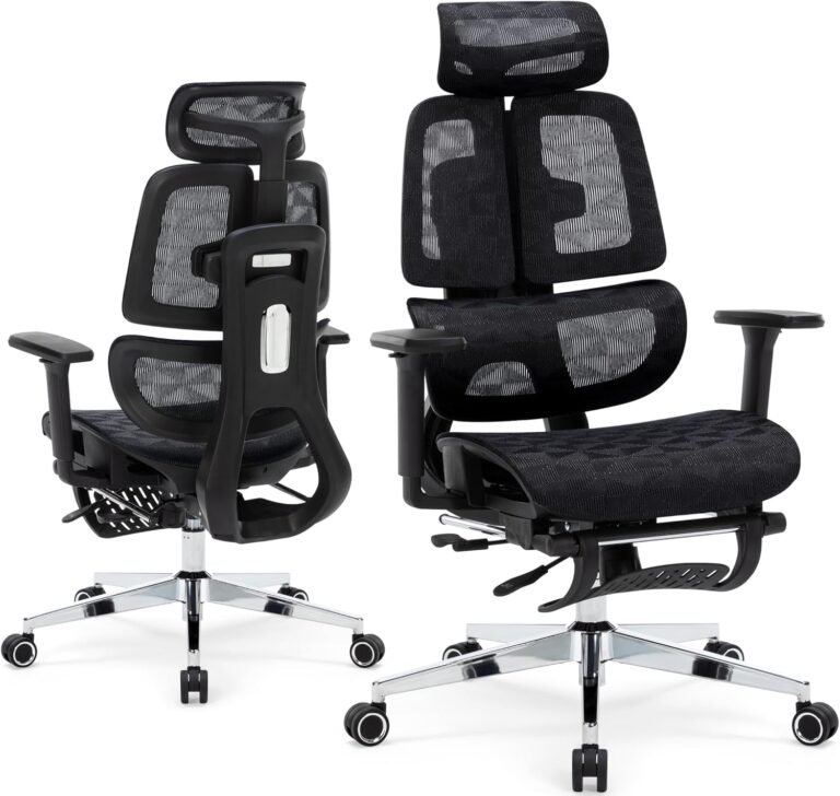 Big and Tall Mesh Office Chair with Footrest- Adjustable Seat Depth and Backrest, Adaptive Lumbar Support, 4D Arms, Ergonomic High Back Desk Computer Chair, Metal Base Multifunctional Executive Chairs