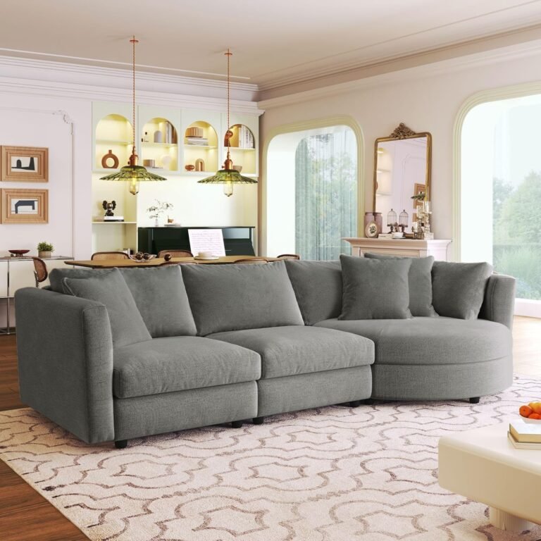 Indoor Cushioned Combination Sofa with Curved Seat, Includes Three Pillows for Living Room or Apartment, Comfortable Fabric, Neutral Color