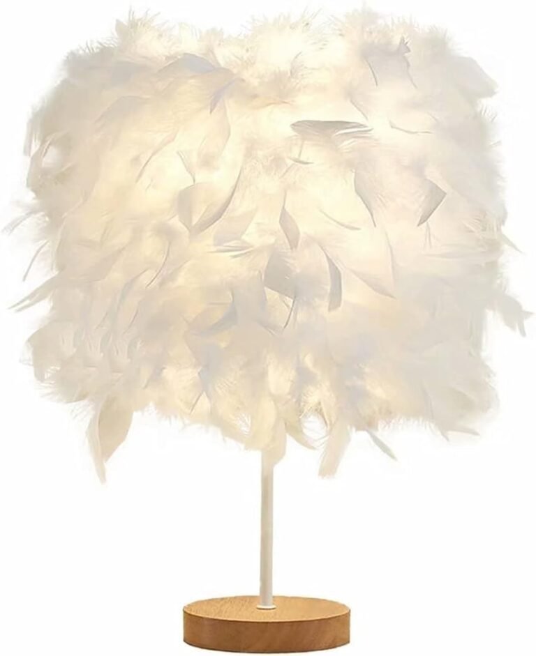 Light White Feather Table Lamp Bedside with Triangle Base Feather Desk Lampshade Bedroom Living Room