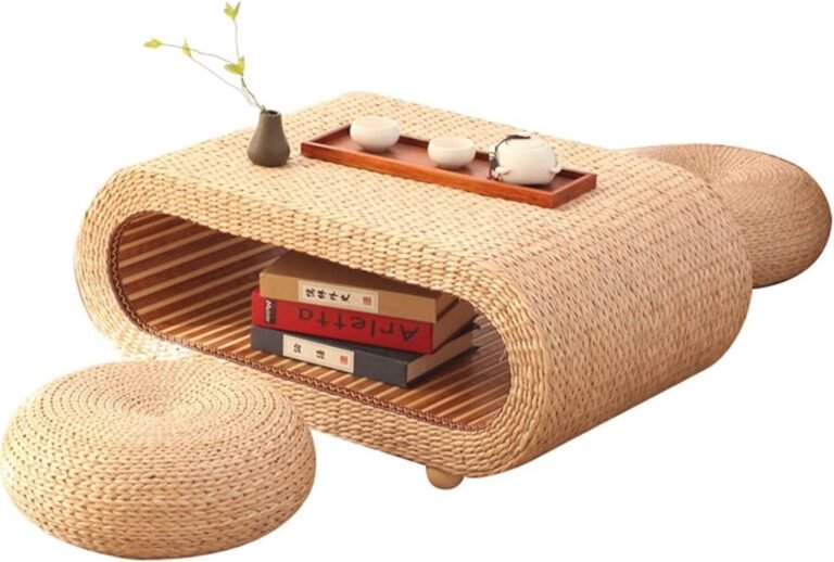 Coffee Table + Straw Cushion Combination,Study Table Coffee Table Rattan Coffee Table Bay Window Table Solid Wood Tatami Table (Color : Brown, Size : 80 * 50 * 35cm)
