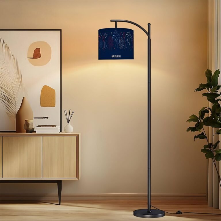 Fun hand drawn firework seamless pattern red blue white colors party Arc Floor Lamp with Remote Tall Standing Light Working with Adjust Head Dimmable LED Bulb Reading Light for Living Room Office
