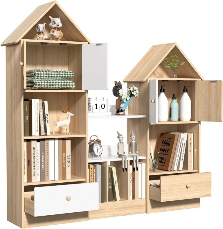 Castle Shaped Bookcase,Floor Standing Storage Cabinet,U-Shaped Multi Tier Combination Cube Bookshelf with Opening Shelves 2 Barns and 2 Drawers for Living Room Study Room and Playroom Woo