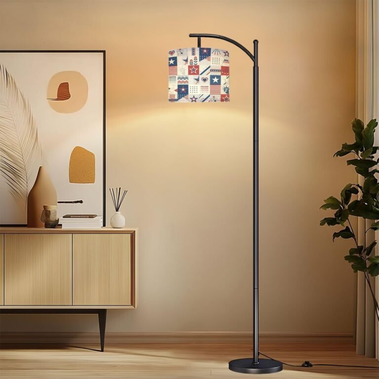 Seamless Themed Mosaic Pattern Old Glory Colors Liberty Statue Stars Arc Floor Lamp with Remote Tall Standing Light Working with Adjust Head Dimmable LED Bulb Reading Light for Living Room Office